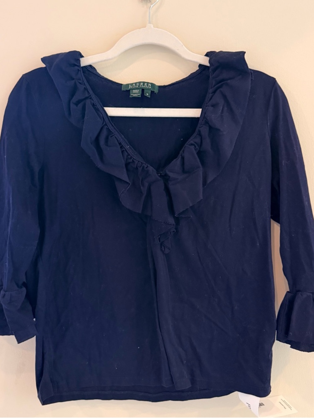 Ralph Lauren Navy Ruffle V-Neck Long Sleeve Top